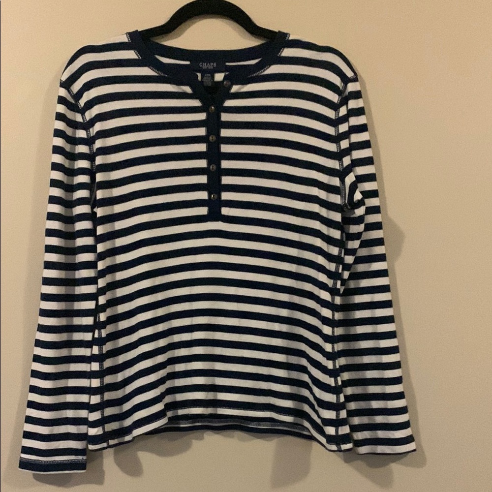 Chaps Navy and White Striped Henley Top